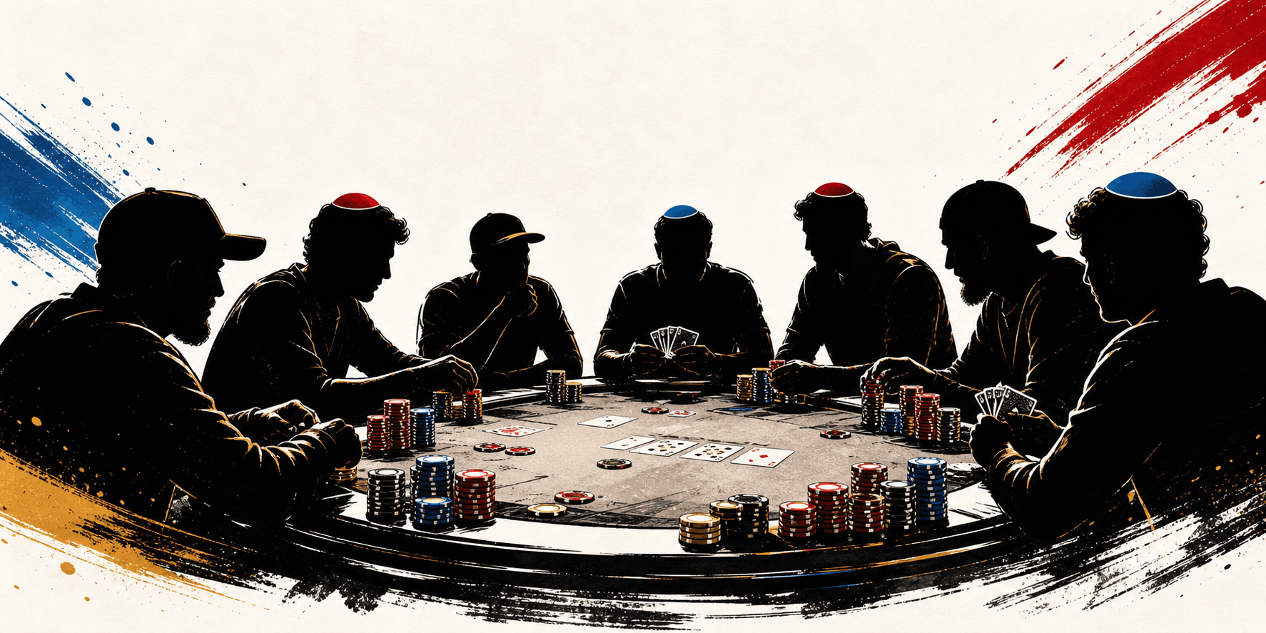 Silhouette poker night scene with Neveh alumni around a chip-filled table