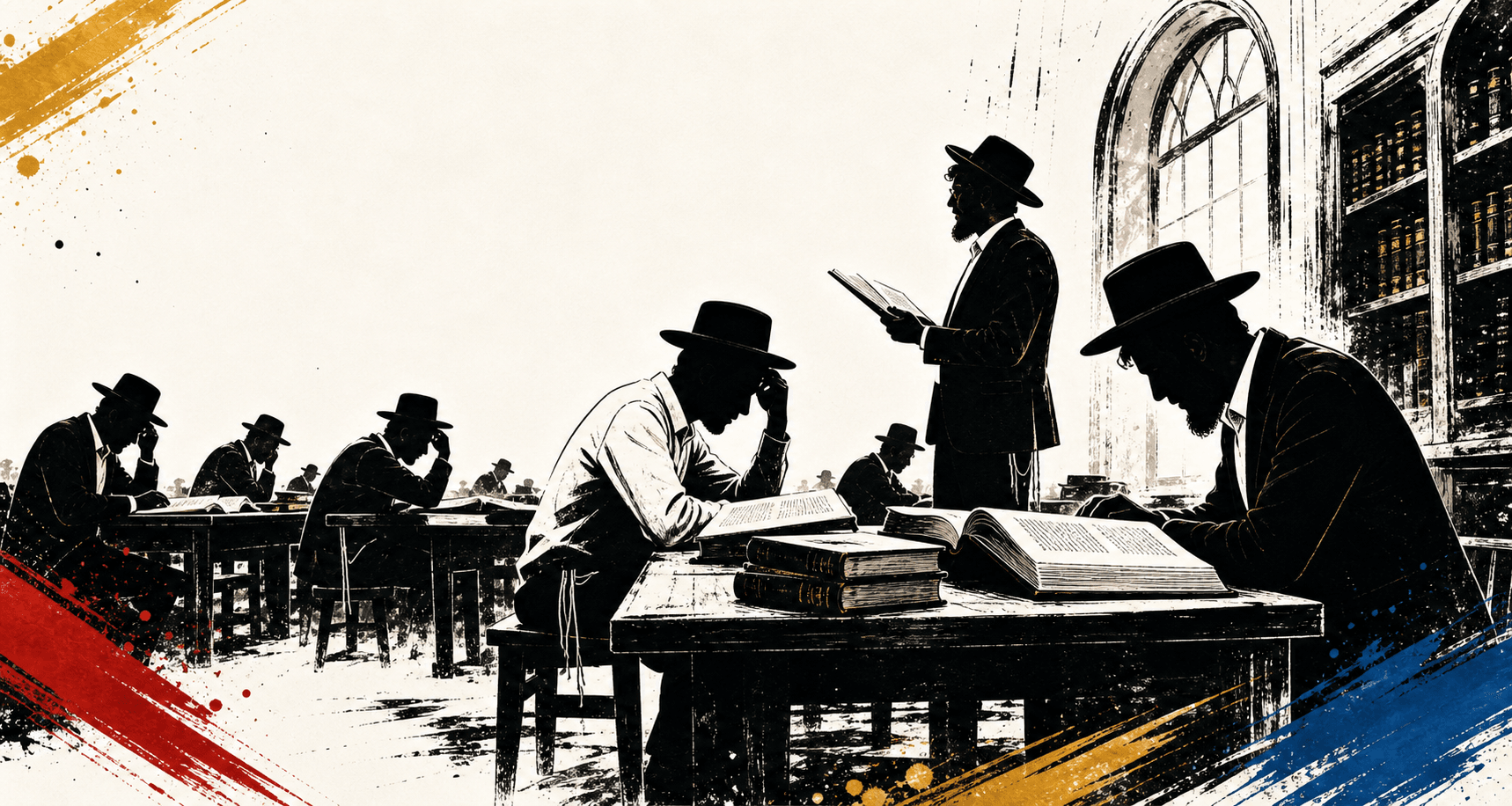 Silhouettes of yeshivish bachurim in black hats and tzitzis learning sefarim
